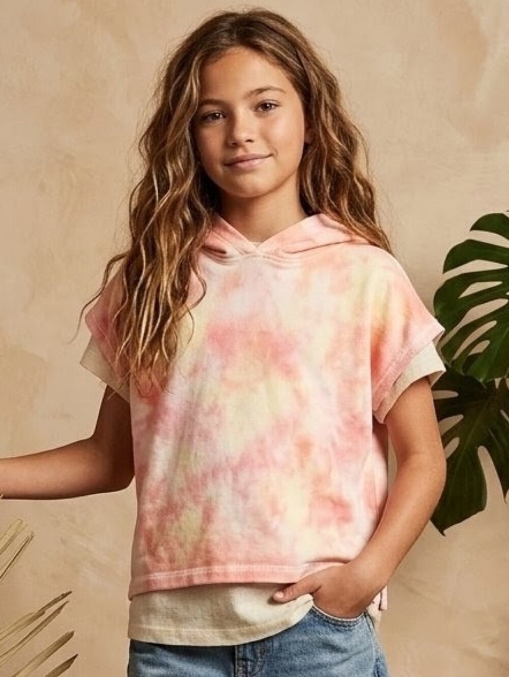 Garanimals Pink & Cream Tie-Dye Hooded Short Sleeve Top